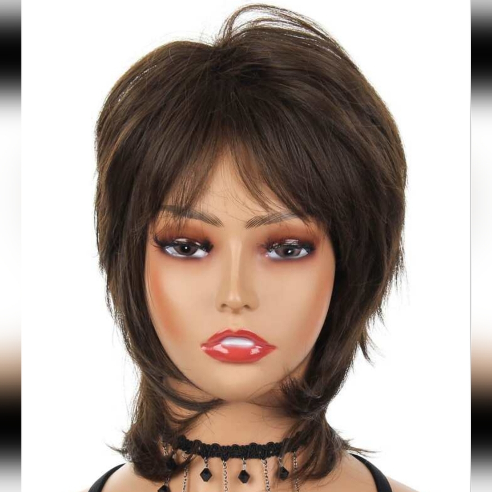 Short Curly Brown Highlight Wig With Bangs